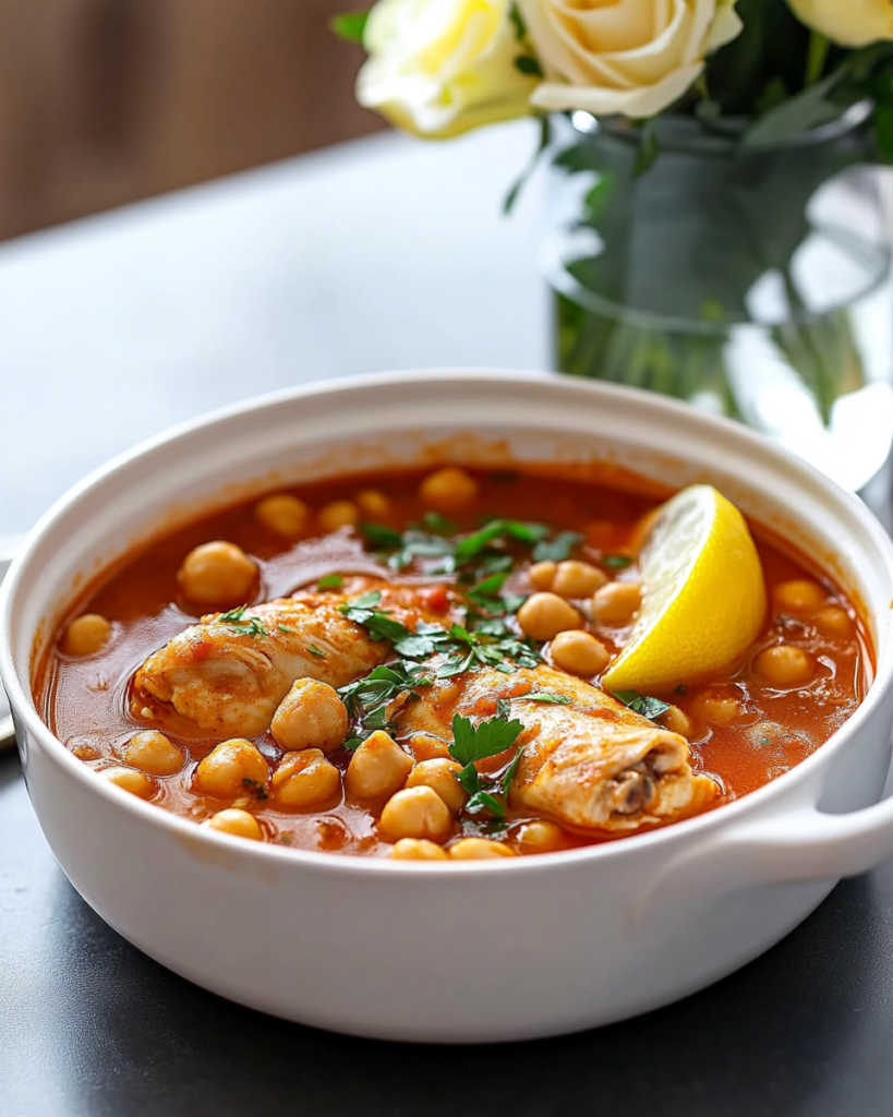 Hearty Chickpea Chicken Soup (Easy & Comforting!) 10 Ingredients for Chickpea Chicken Soup, including chicken legs, chickpeas, canned tomatoes, broth, garlic, and spices.