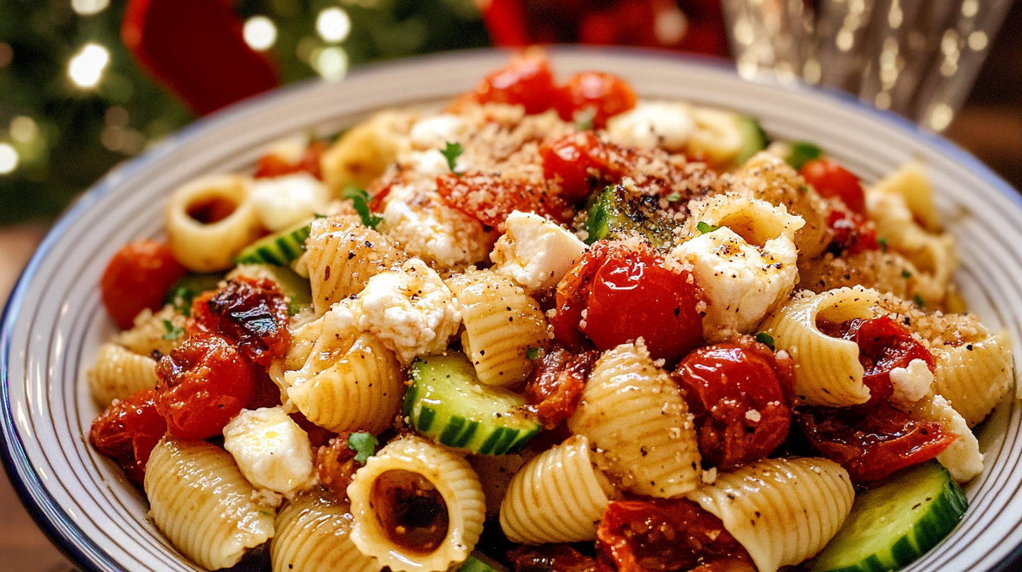 A colorful bowl of Mozzarella Pasta Salad with pasta shells, tomatoes, mozzarella balls, cucumber, and herbs.