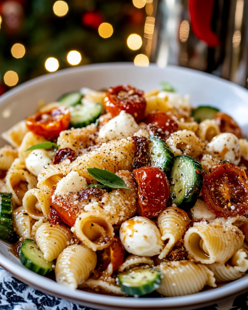 Ingredients for Mozzarella Pasta Salad, including pasta shells, mozzarella balls, tomatoes, cucumber, balsamic vinegar, and Parmesan.