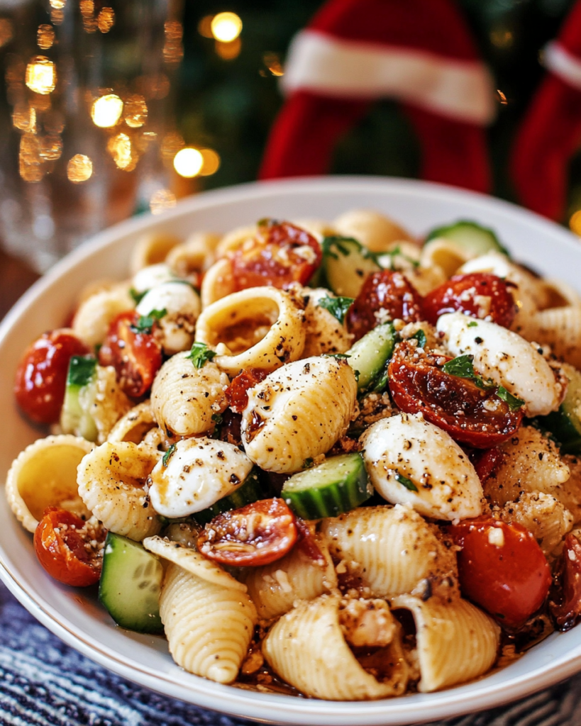 Tossing the pasta salad ingredients with the Parmesan balsamic dressing in a large bowl for Mozzarella Pasta Salad.