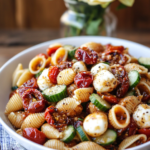 Individual servings of Mozzarella Pasta Salad on plates at a picnic or gathering.