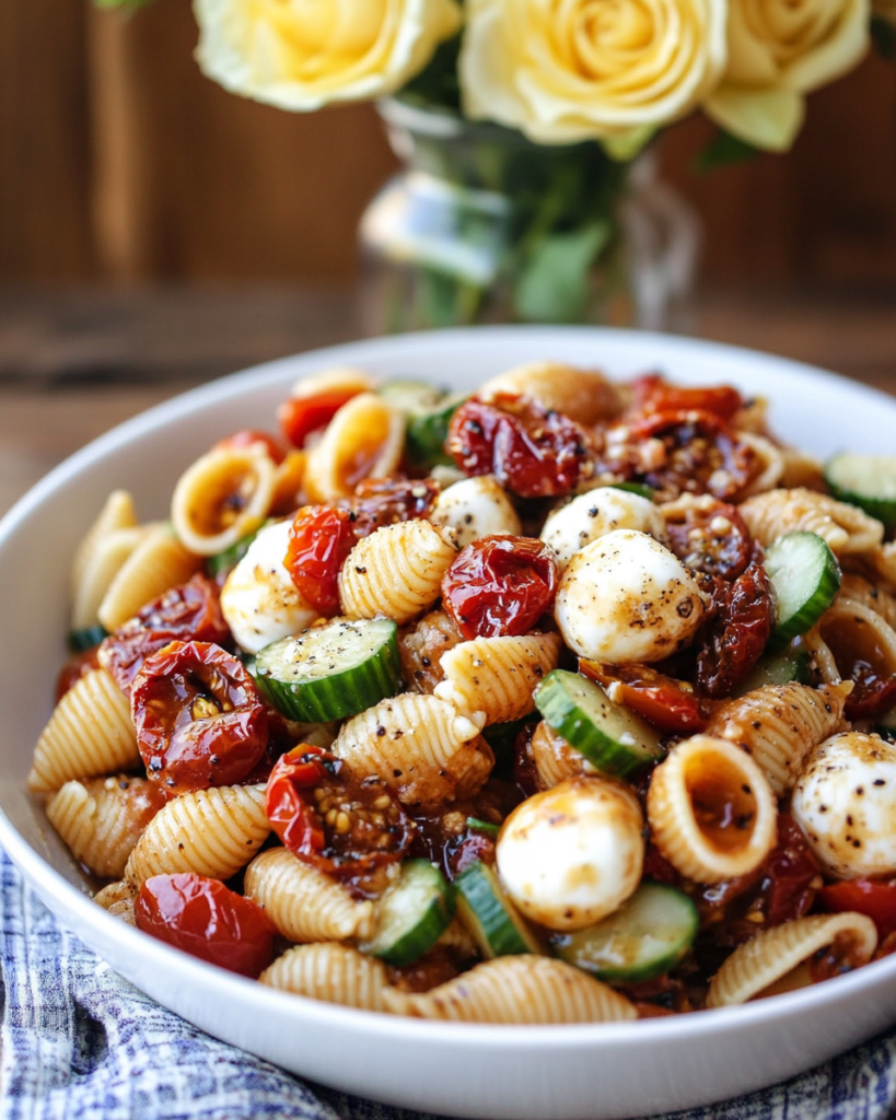 Individual servings of Mozzarella Pasta Salad on plates at a picnic or gathering.