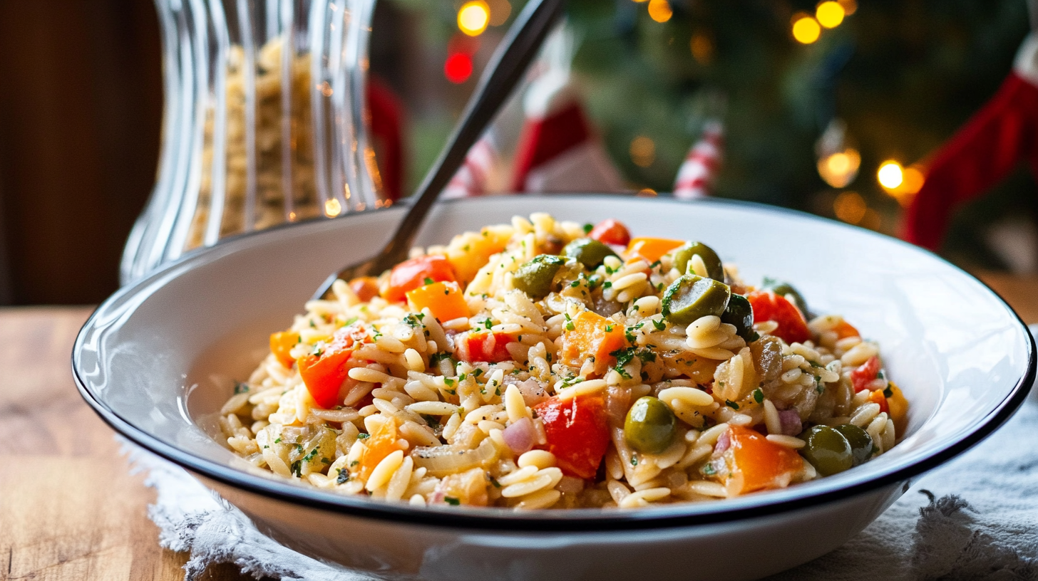 A colorful bowl of Orzo Pasta Salad with tomatoes, olives, peppers, cheese, and herbs.