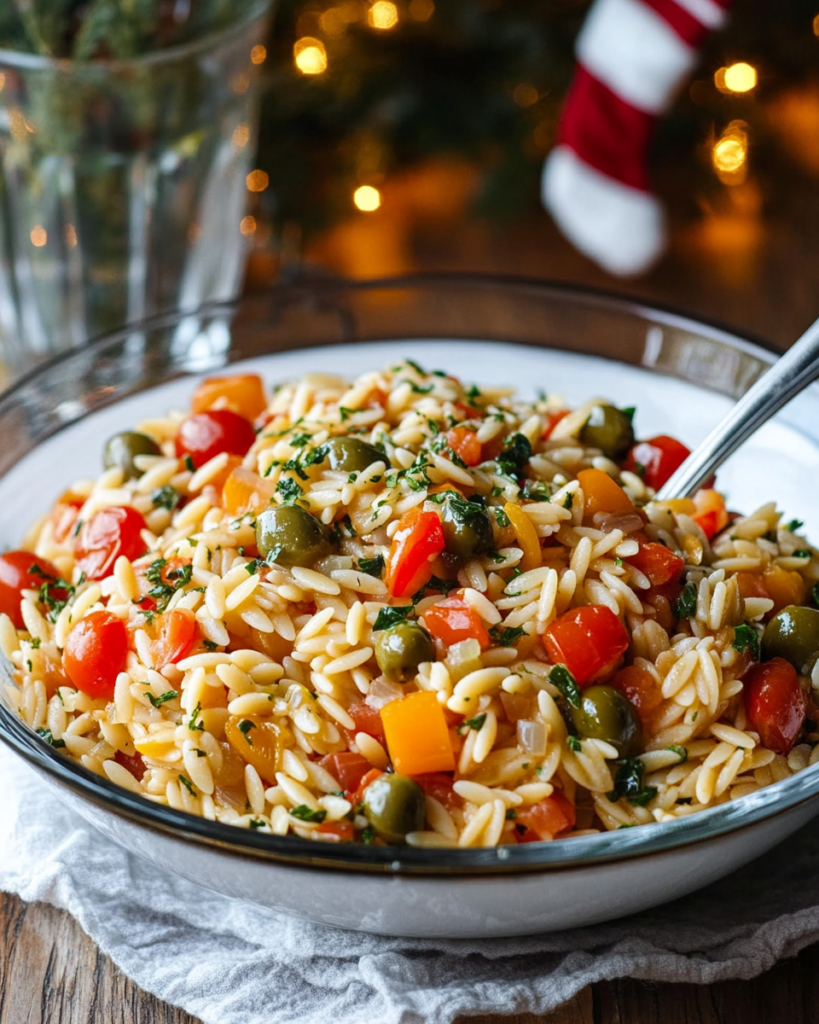 Refreshing Orzo Pasta Salad (Easy Mediterranean Style!) 10 Ingredients for Orzo Pasta Salad, including orzo pasta, cherry tomatoes, olives, bell pepper, feta/cheddar cheese, and dressing components.