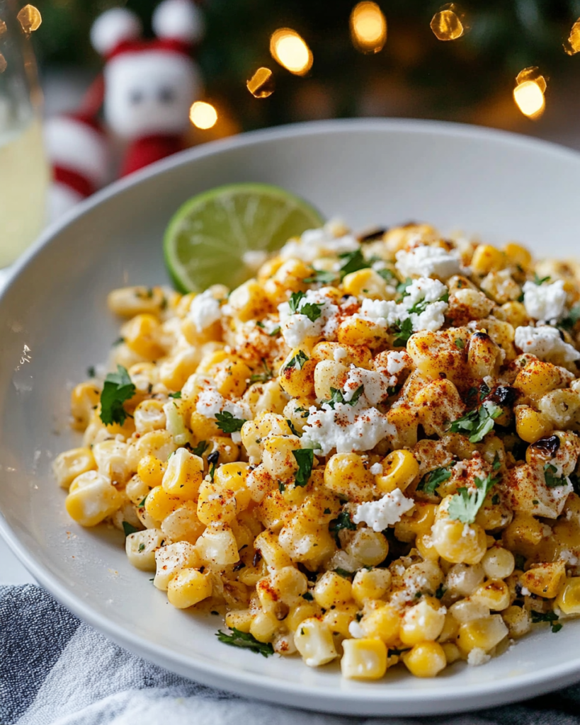  Ingredients for Mexican Street Corn Salad, including grilled corn, Cotija cheese, sour cream, lime, cilantro, and chili powder.