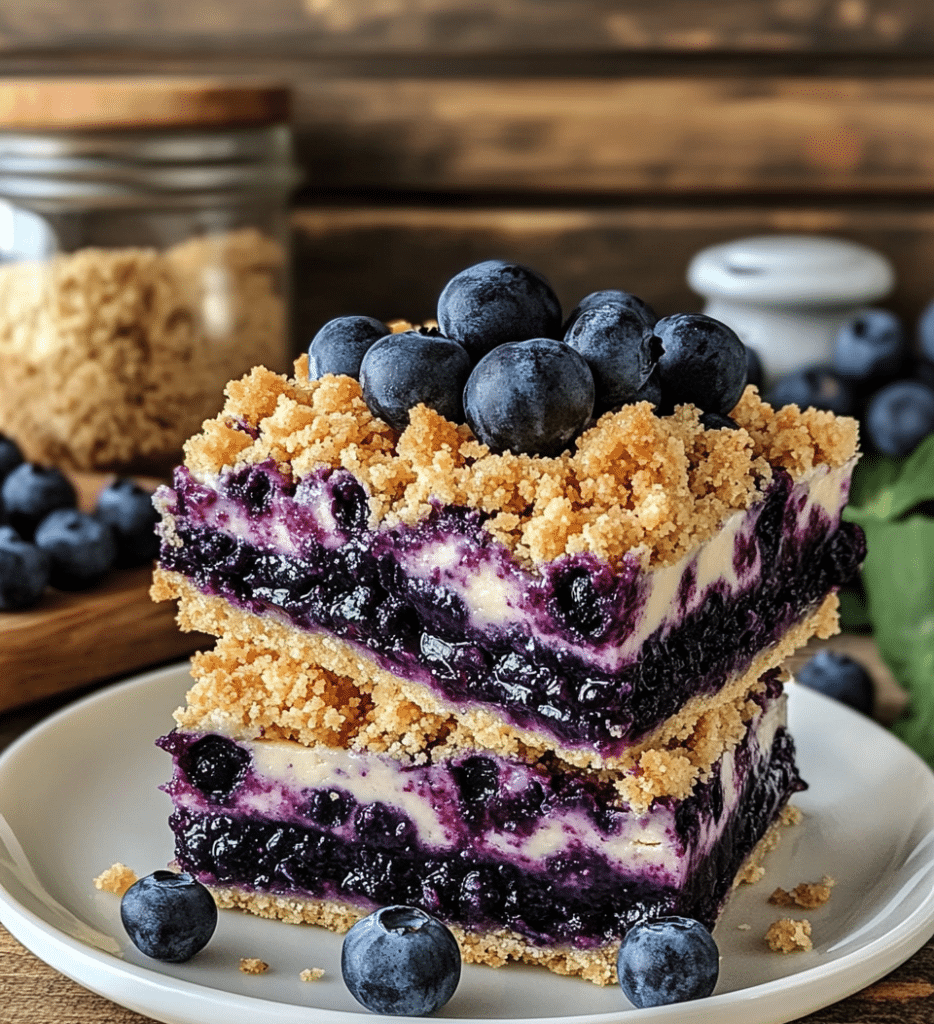 Ingredients for Blueberry Crumb Bars, including flour, butter, sugar, and fresh blueberries.