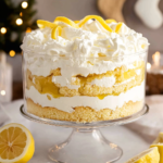 An individual serving of Easy Lemon Trifle in a glass, garnished with lemon peel.