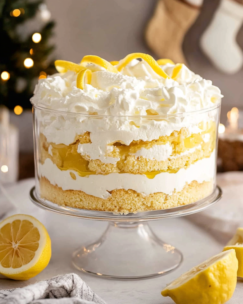 An individual serving of Easy Lemon Trifle in a glass, garnished with lemon peel.