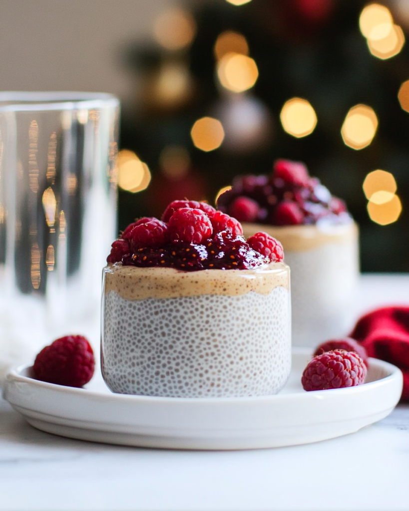 A close-up of a Peanut Butter & Jam Chia Pudding parfait with a spoon, showing the layers.