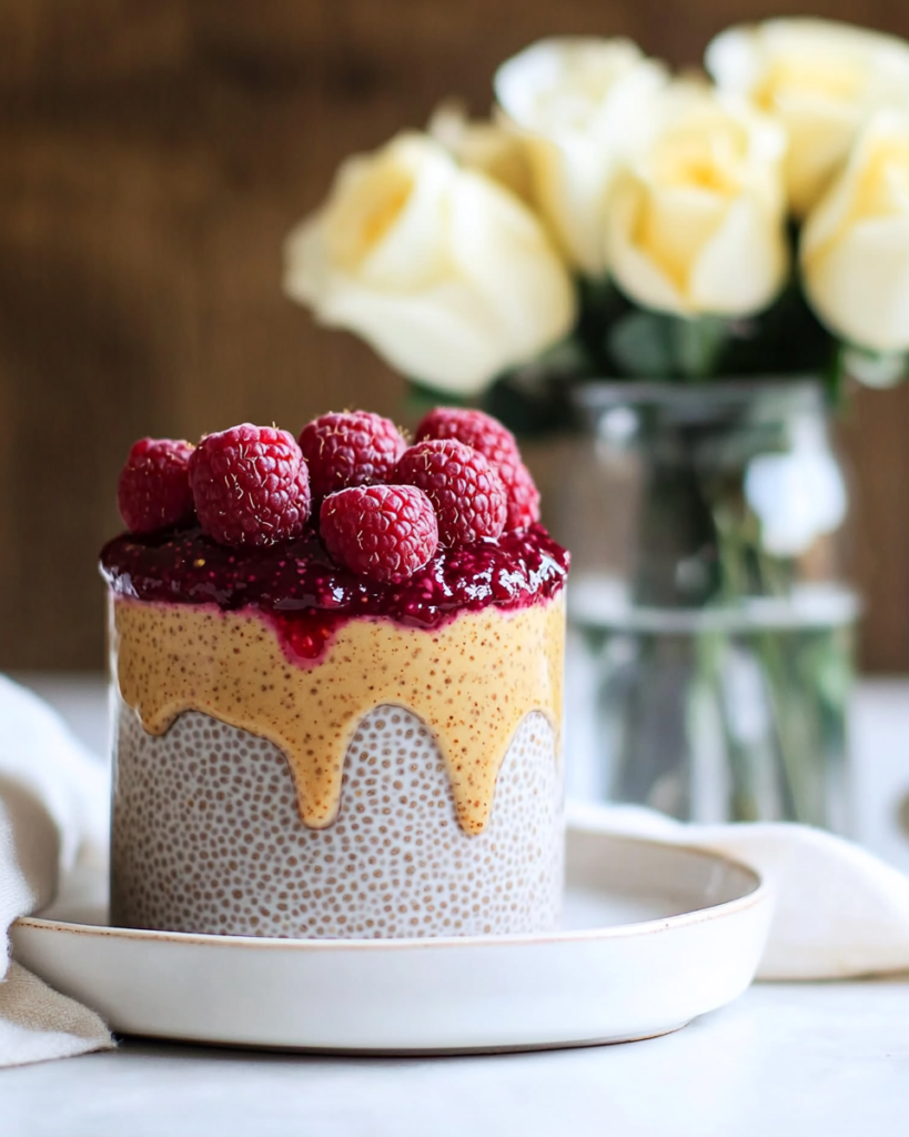 Layering the peanut butter mixture over the set chia pudding in a glass for Peanut Butter & Jam Chia Pudding.