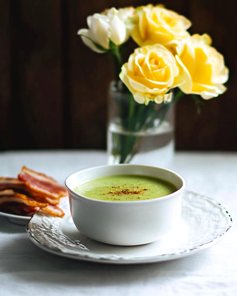 Blending the cooked peas and broth into a smooth soup for Green Pea Soup Shots.