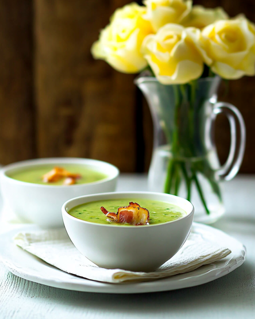 A tray of Green Pea Soup Shots ready to be served as appetizers at a party.