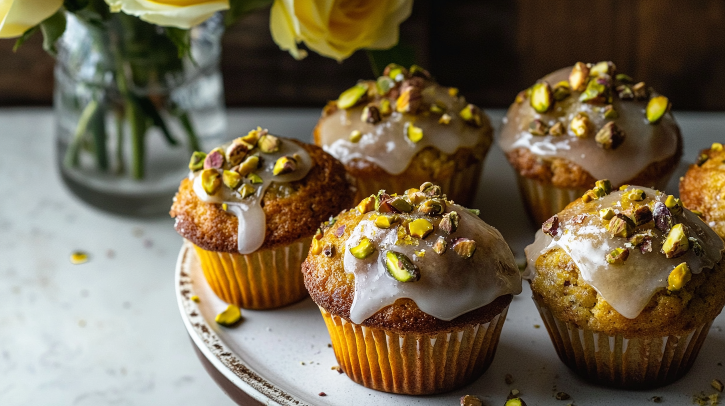 Golden Lemon Pistachio Muffins drizzled with lemon glaze and topped with crunchy candied pistachios.