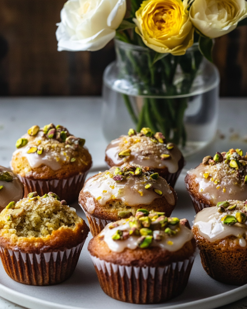 A close-up of a Lemon Pistachio Muffin showing the moist crumb, glaze, and candied nut topping.