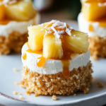 A close-up of a Mini Pineapple Coconut Cheesecake, showing the crust, filling, and topping.