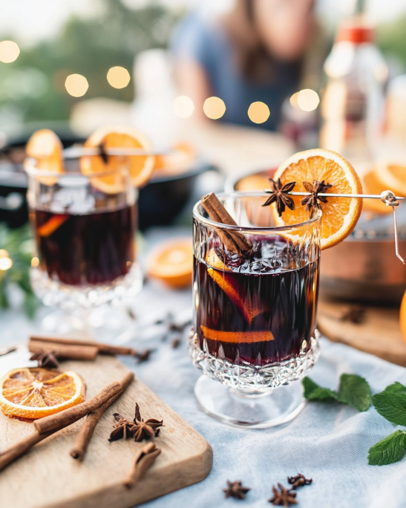 Simmering red wine with oranges and spices in a saucepan for Mulled Wine.