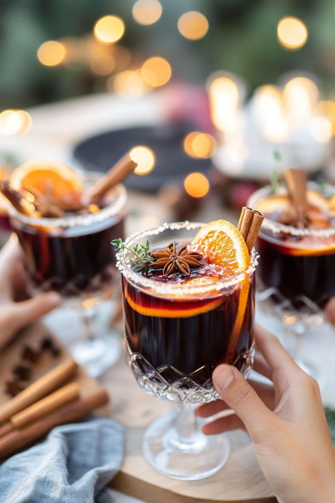 Pouring warm Mulled Wine from a pot into festive mugs.