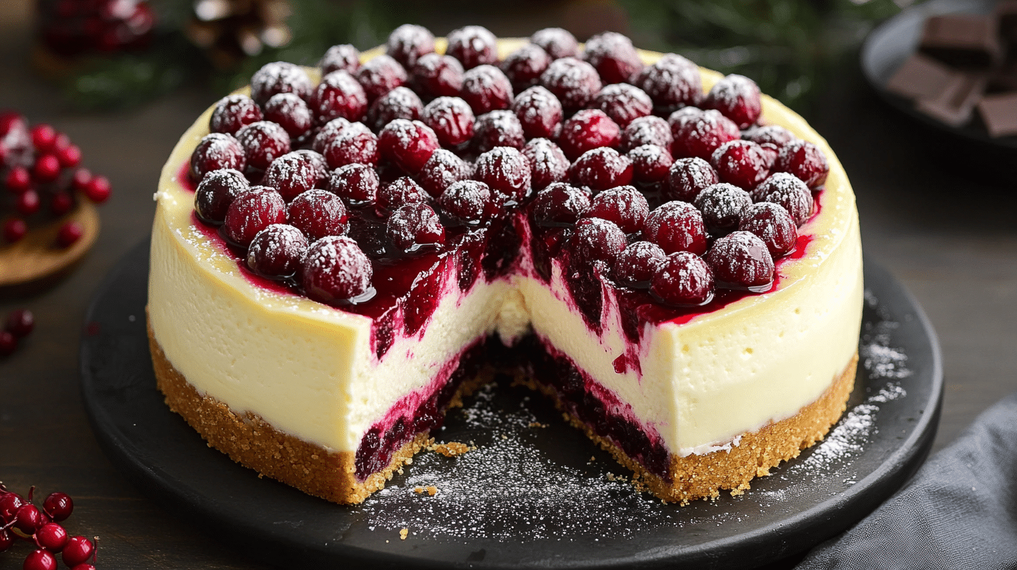 A slice of layered Christmas Cheesecake showing the crust, jam, cheesecake, mousse, and cranberry topping.