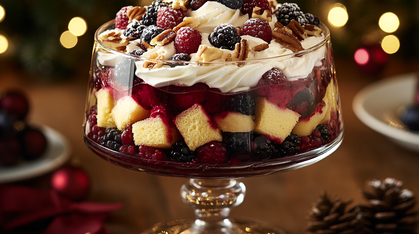 A large glass Triple Berry Trifle showing layers of pound cake, cream filling, and mixed berries.