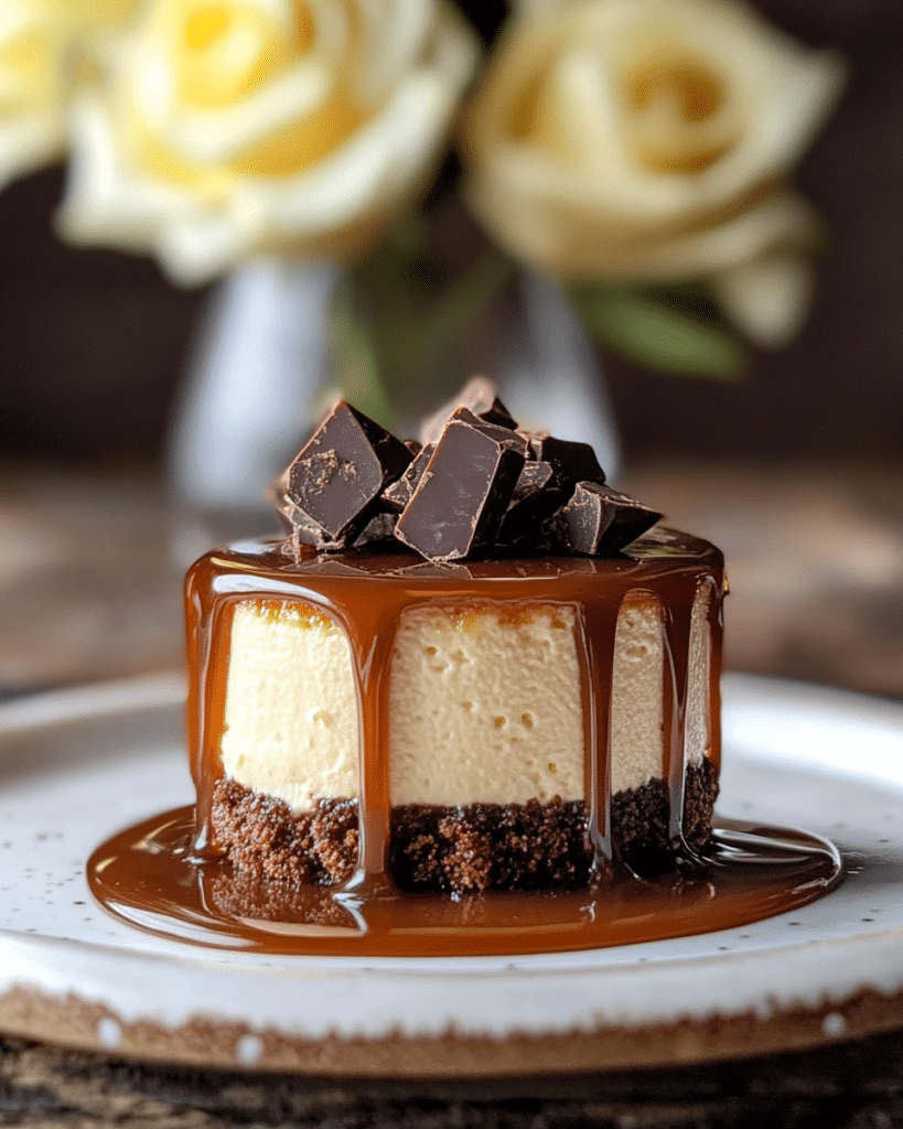 A close-up of a Chocolate Caramel Cheesecake Bite, showing the layers and toppings.