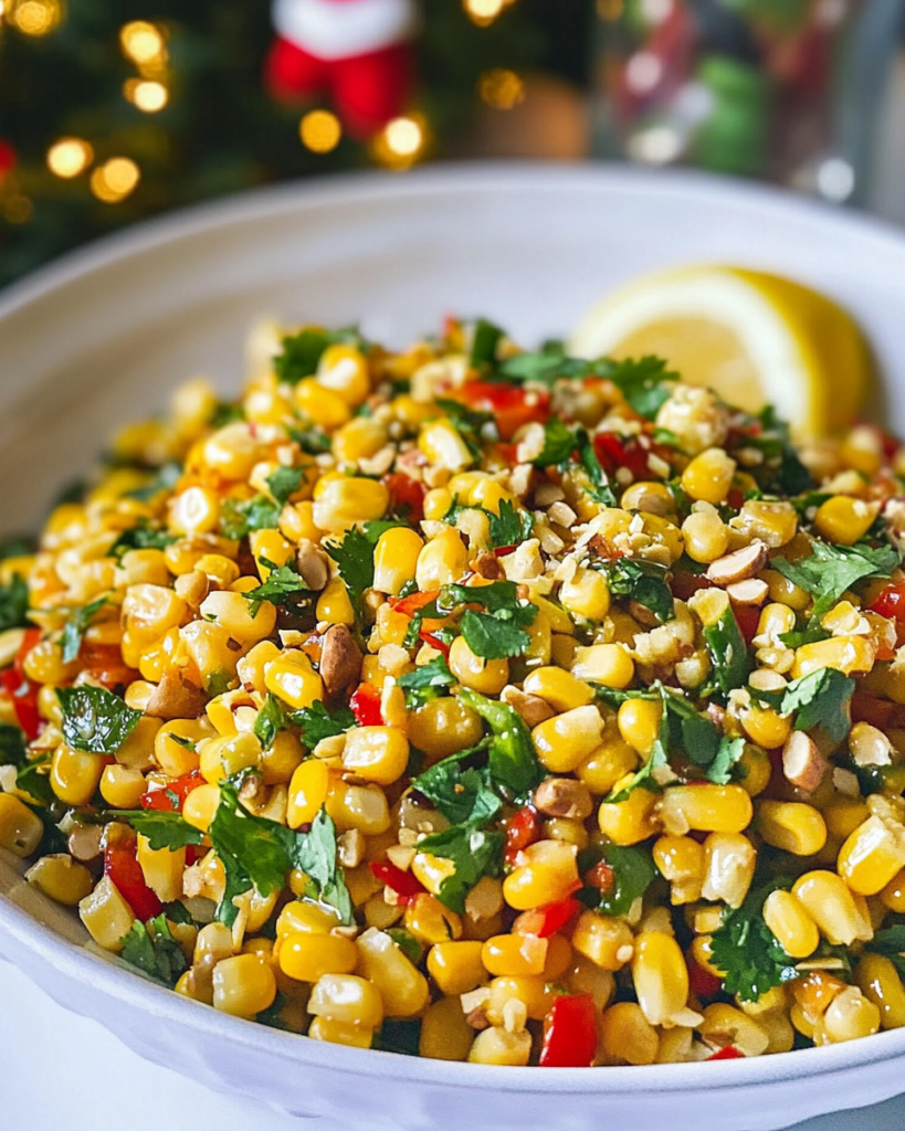 Ingredients for Spicy Corn Salad, including corn, bell pepper, jalapeño, peanuts, cilantro, lime, and chili paste components.   
