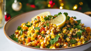 A colorful bowl of Spicy Corn Salad with corn, peppers, peanuts, cilantro, and chili flakes.