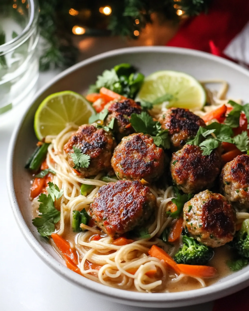 Ingredients for Lemongrass Meatball Stir-Fry, including ground turkey/chicken, lemongrass, rice noodles, coconut milk, lime, soy sauce, broccoli, peppers, and carrots.