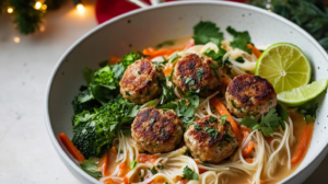 A vibrant bowl of Lemongrass Meatball Stir-Fry showing rice noodles, colorful vegetables, lemongrass meatballs, and a creamy coconut lime sauce.