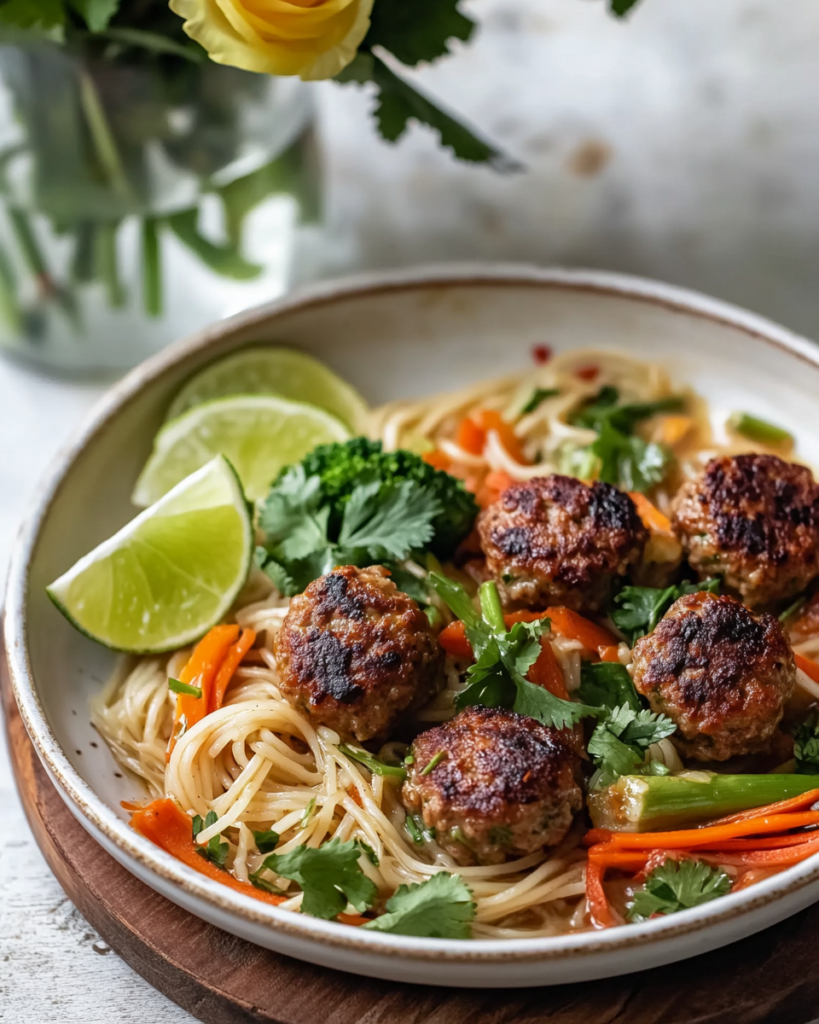 A close-up of the Lemongrass Meatball Stir-Fry in a bowl, garnished with cilantro and lime.