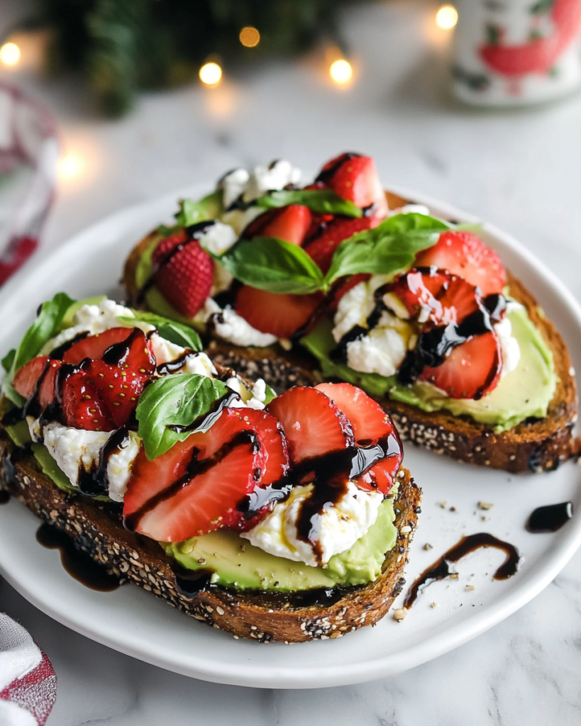 Arranging sliced strawberries and torn burrata over mashed avocado on toast for Strawberry Avocado Toast.