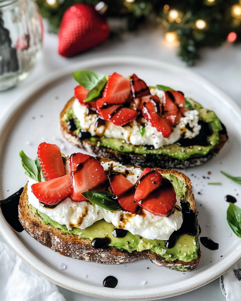  Ingredients for Strawberry Avocado Toast, including crusty bread, avocados, burrata cheese, fresh strawberries, basil, and balsamic glaze.