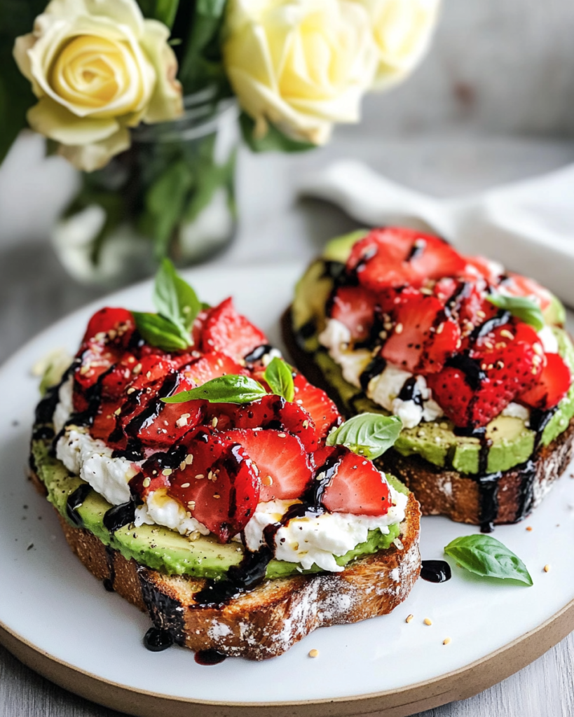 Strawberry Burrata Avocado Toast served on a platter or individual plates, looking fresh and appetizing.