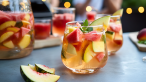 A glass pitcher filled with light pink Peach Watermelon Sangria, packed with fresh peach slices and watermelon cubes.