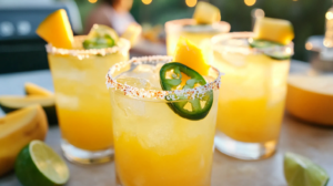 A vibrant orange Mango Jalapeño Margarita in a chili-sugar-salt rimmed glass, garnished with mango, jalapeño, and lime.