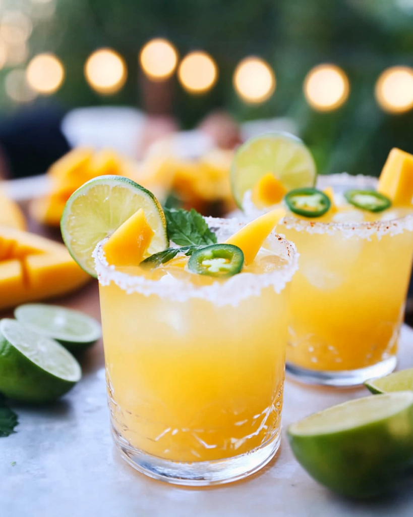 Ingredients for Mango Jalapeño Margarita, including fresh mango, jalapeño, lime, tequila, Grand Marnier, sugar, salt, and chili powder.