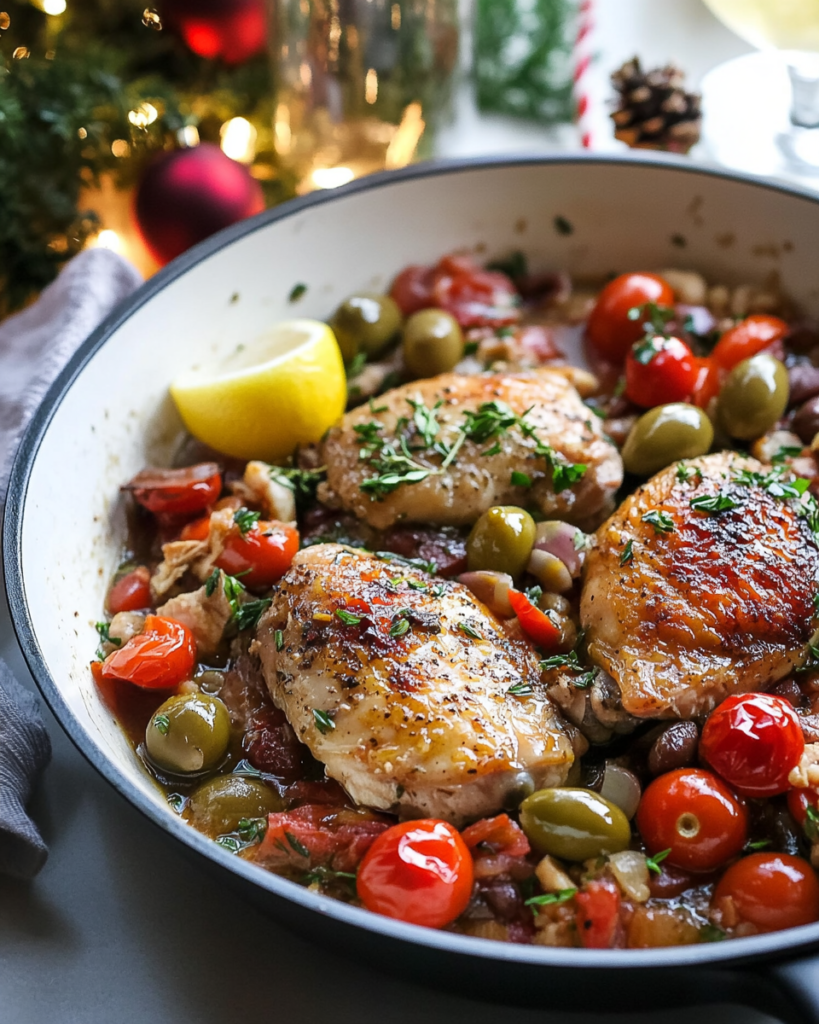 Searing chicken thighs in a skillet before adding sauce ingredients for Chicken Provencal.