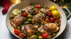A cast iron skillet filled with golden-brown Chicken Provencal, cherry tomatoes, olives, and herbs, served over couscous.