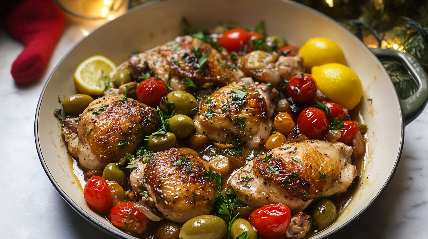 A cast iron skillet filled with golden-brown Chicken Provencal, cherry tomatoes, olives, and herbs, served over couscous.