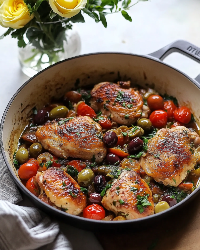  Ingredients for Chicken Provencal Skillet, including chicken thighs, shallots, garlic, white wine, cherry tomatoes, olives, rosemary, thyme, and couscous.
