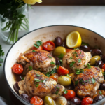 A serving of Chicken Provencal Skillet on a plate with couscous, garnished with fresh parsley and a lemon wedge.