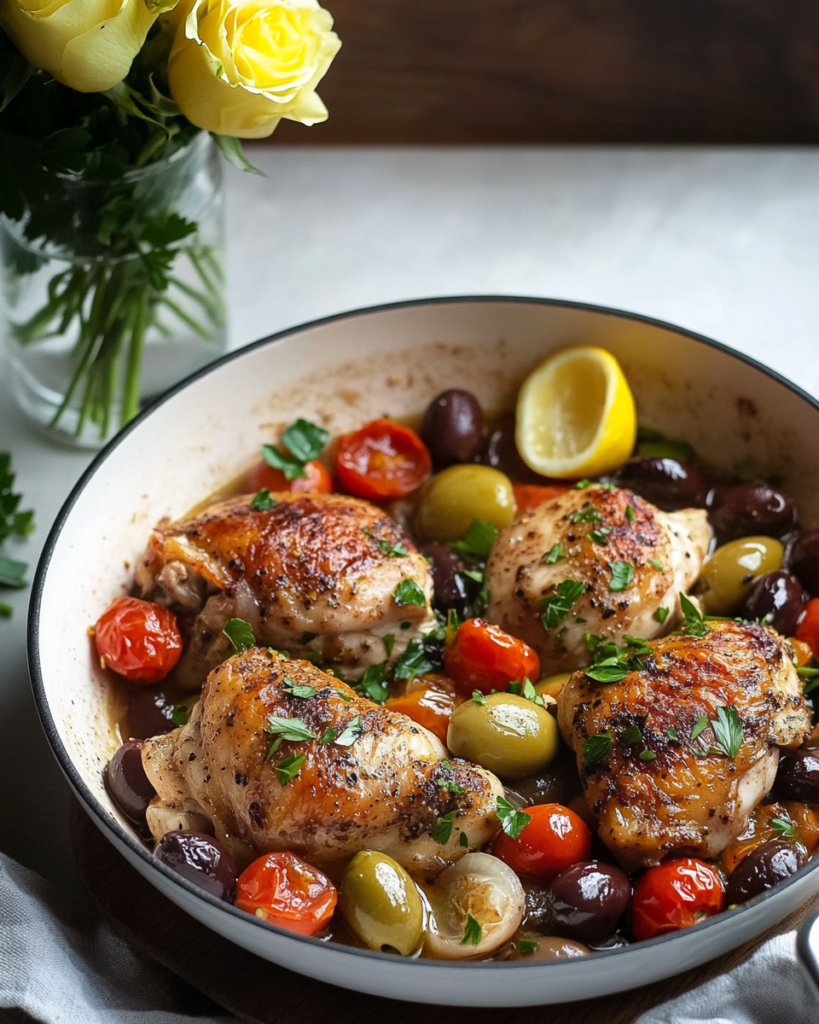 A serving of Chicken Provencal Skillet on a plate with couscous, garnished with fresh parsley and a lemon wedge.