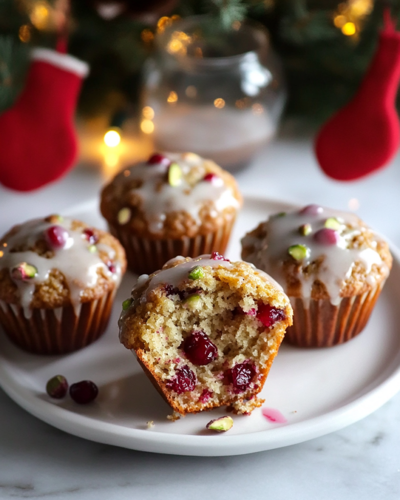 Ingredients for Orange Pistachio Muffins, including oranges, pistachios, cranberries, flour, maple syrup, yogurt, and vanilla bean.