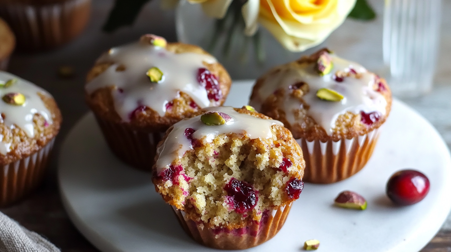 Golden Orange Pistachio Muffins drizzled with vanilla bean glaze and topped with pistachios.