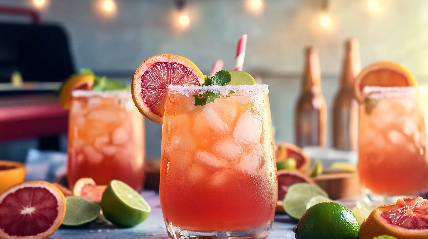 A refreshing Beer Paloma in a salt-rimmed glass with ice, showing layers of citrus juice/soda and beer, garnished with citrus slices.