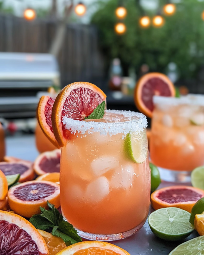 Ingredients for Beer Paloma, including tequila, grapefruit juice, blood orange soda, lime juice, agave, beer (IPA bottle shown), and salt.