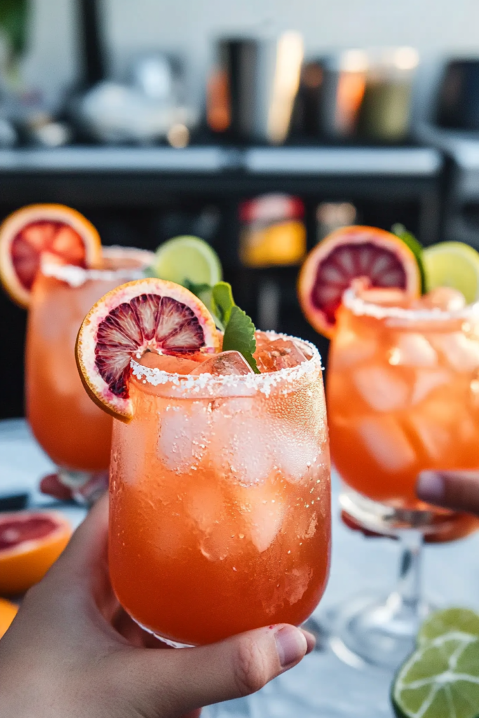 Several Beer Palomas garnished and ready to be served at a sunny outdoor gathering.
