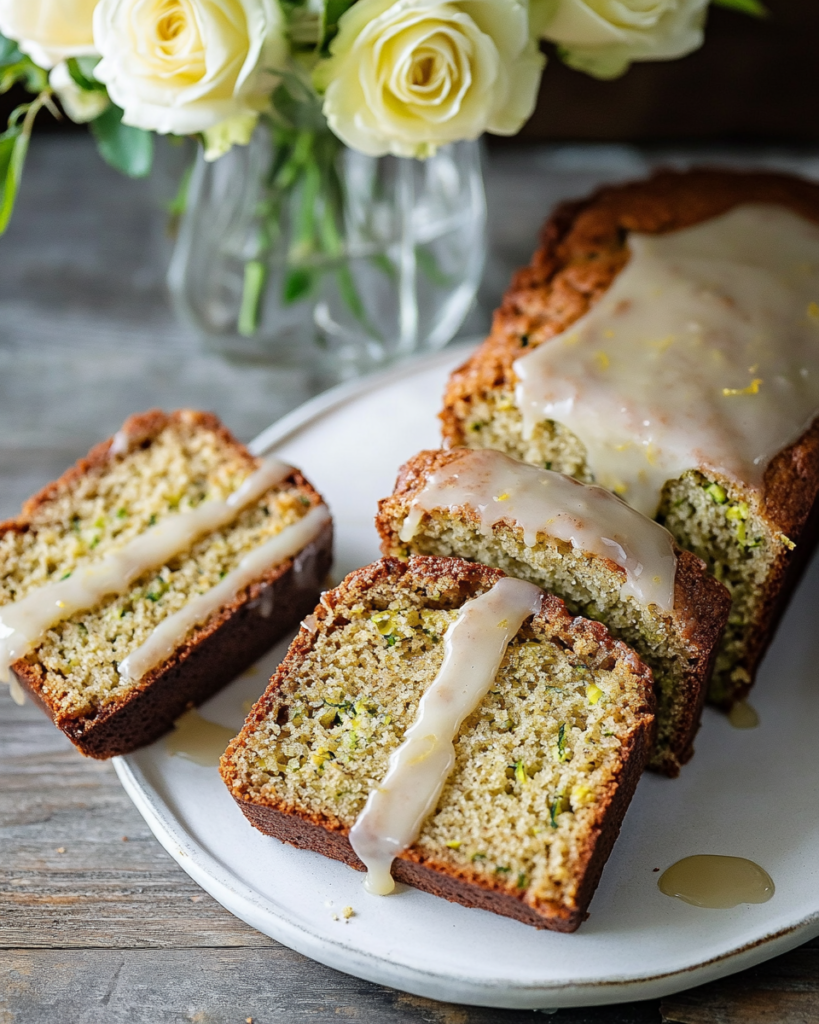 The whole glazed Lemon Zucchini Bread loaf on a cutting board or platter, partially sliced.