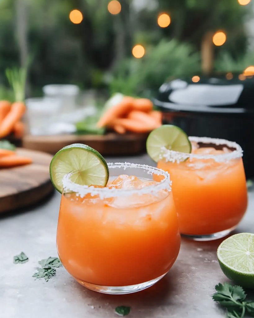 Ingredients for Carrot Ginger Margarita, including fresh carrots, ginger, lime, tequila, Grand Marnier, and simple syrup.   
