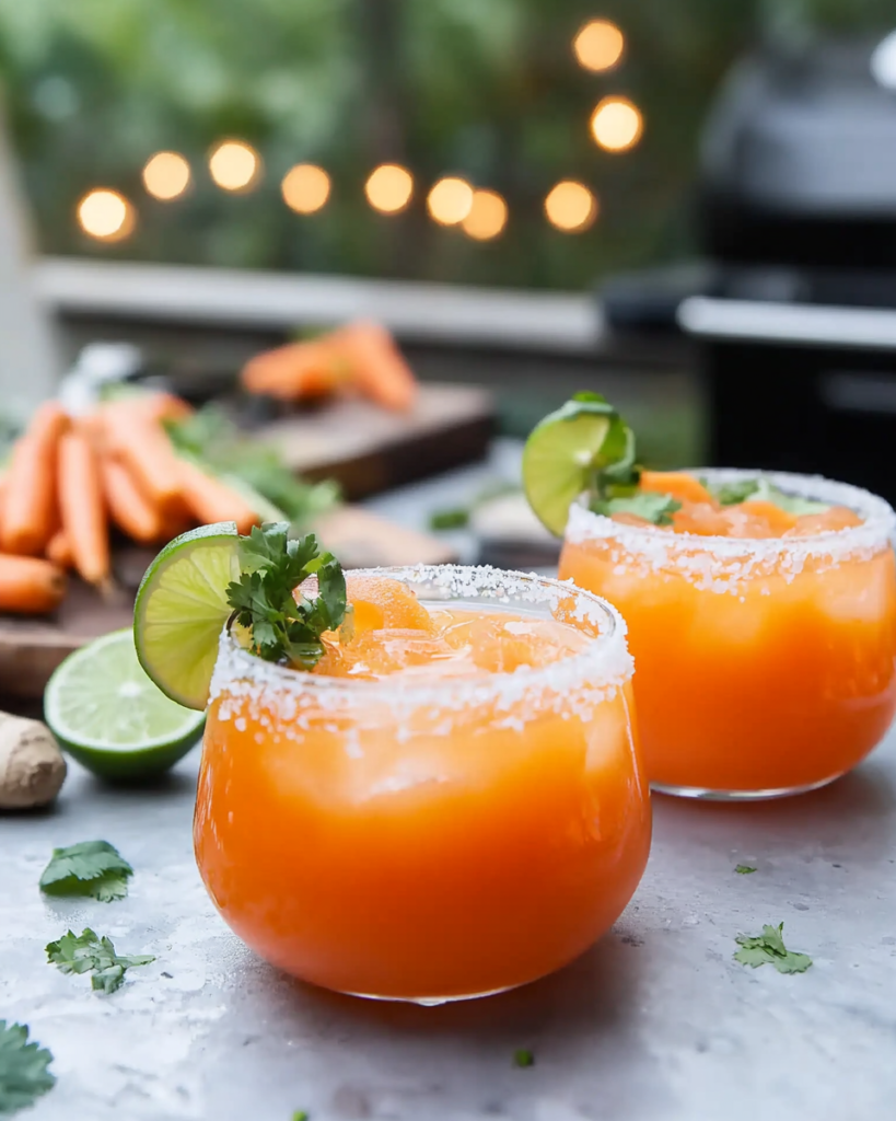 Pouring freshly blended carrot ginger juice through a fine-mesh strainer.