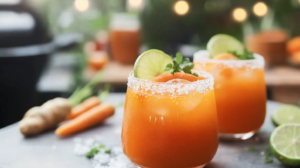 A vibrant orange Carrot Ginger Margarita in a salt-rimmed glass, garnished with a lime wheel.